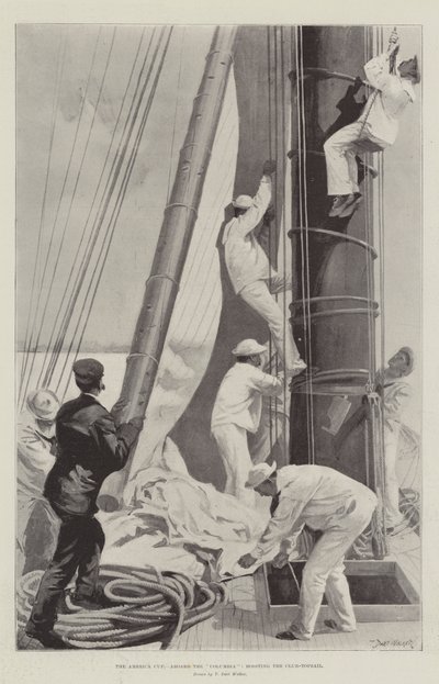 Der America Cup, an Bord der Columbia, das Club-Topsail hissen von T. Dart Walker